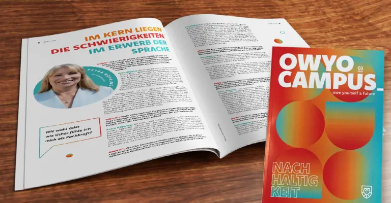 Cover des OWYO CAMPUS Magazins 2026 in Dresden mit Themen zu Fachkräftesicherung, beruflicher Integration, Bildung und Vielfalt für internationale Fachkräfte und Geflüchtete in Sachsen.