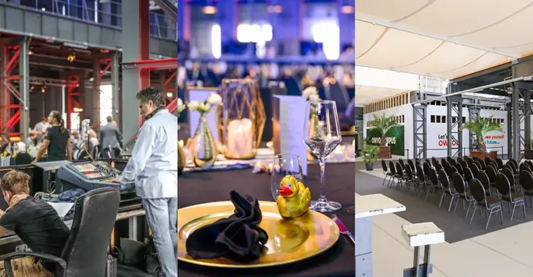 Collage aus Veranstaltungen am OWYO CAMPUS mit drei Eindrücken: Abendveranstaltung mit Barbereich, festlich gedeckte Tafel für ein gemeinsames Event sowie Innenansicht der Vortrags- und Loungefläche.