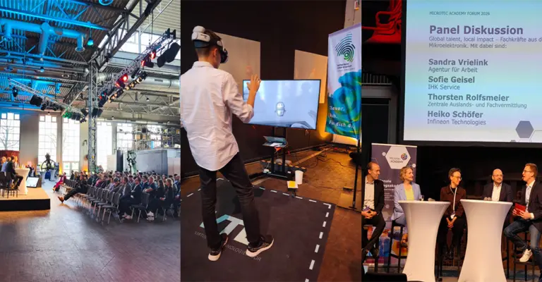 Collage aus Paneldiskussion, Veranstaltungsfläche und Virtual-Reality-Anwendung beim Microtec Academy Forum 2026 zu Weiterbildung, Halbleiterindustrie und technologischer Fachkräftequalifizierung.