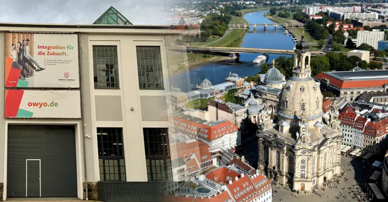 OWYO CAMPUS Komposition – modernes Bildungszentrum für internationale Fachkräfte vor städtischem Hintergrund Dresdens, Integration, berufliche Weiterbildung und Vernetzung in Sachsen