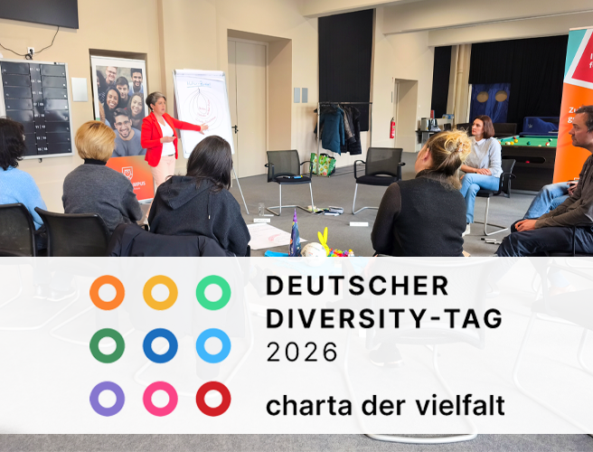 Carolin Pflügler am Flipchart im interkulturellen Workshop mit sechs Teilnehmenden am OWYO CAMPUS Dresden.