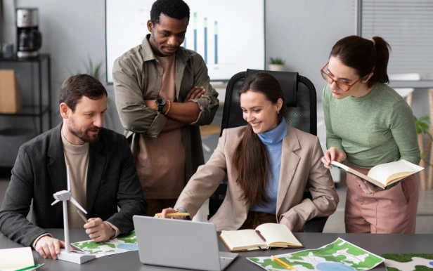 Group of colleagues in a company with integrated professionals who advise each other